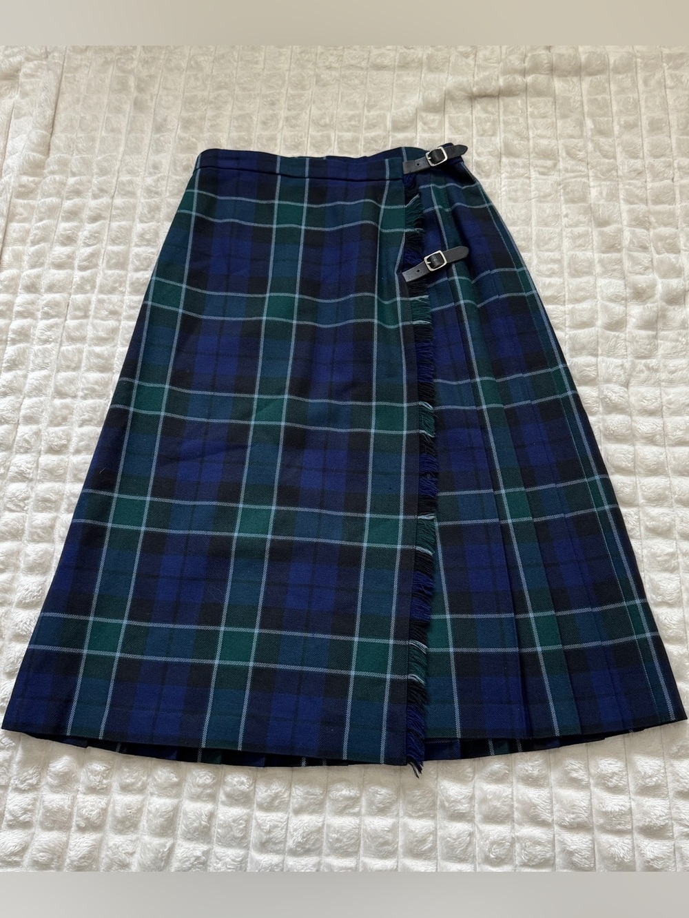 Brooks Brothers Navy and Green Plaid Wrap Skirt with Buckles